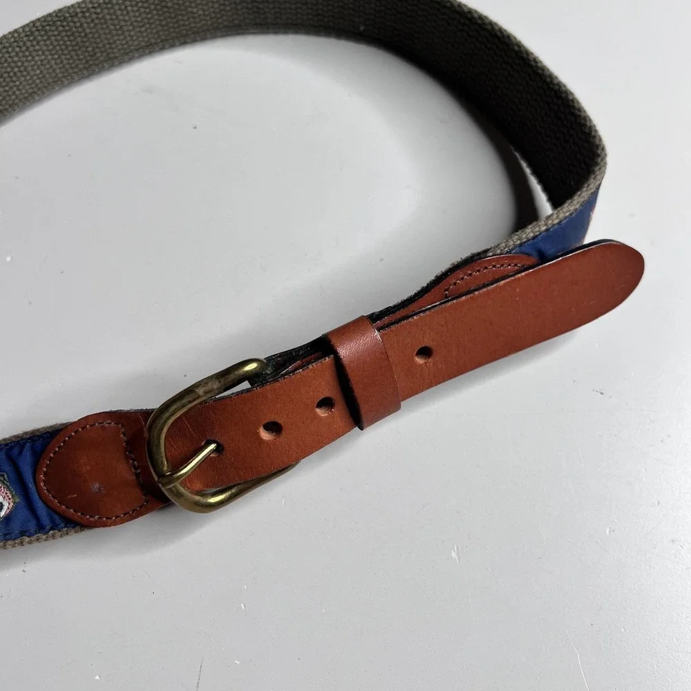 Leather Man Ltd Leather Belt Mens 34 Blue Fish Embroidered Webbed Brass Buckle